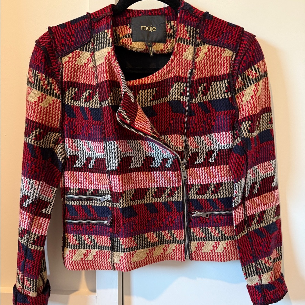 Maje Red and Cream Patterned Knit Jacket